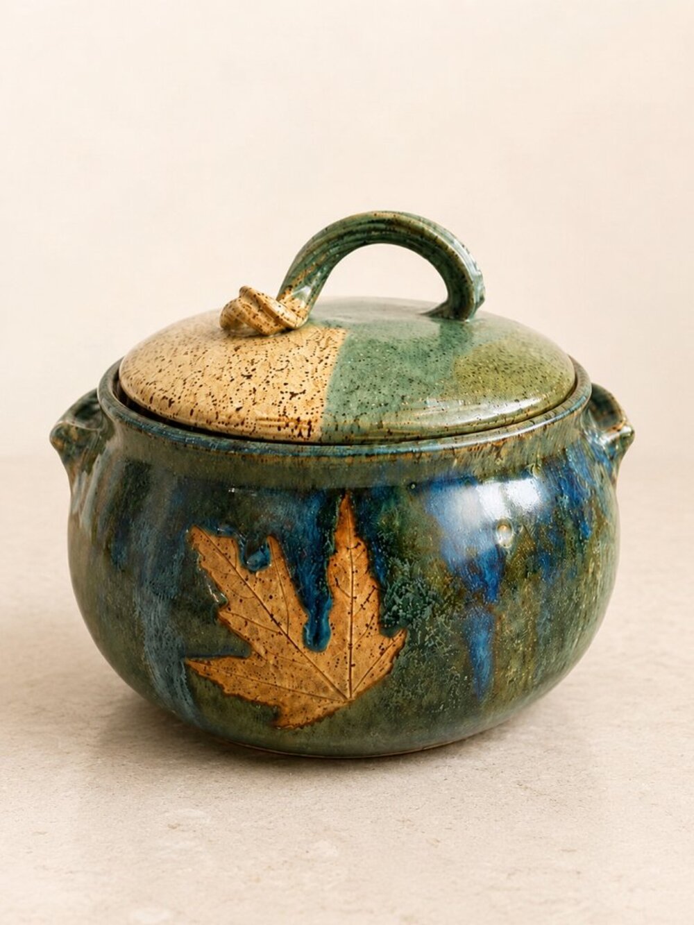 Pamela Kohler-Camp Signed Art Pottery Casserole Dish Lid Leaf Design